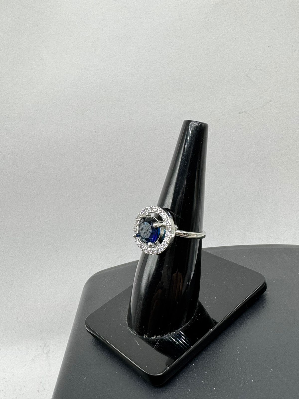 Royal Blue Sapphire Halo Ring – Elegant Silver Statement Ring for Women