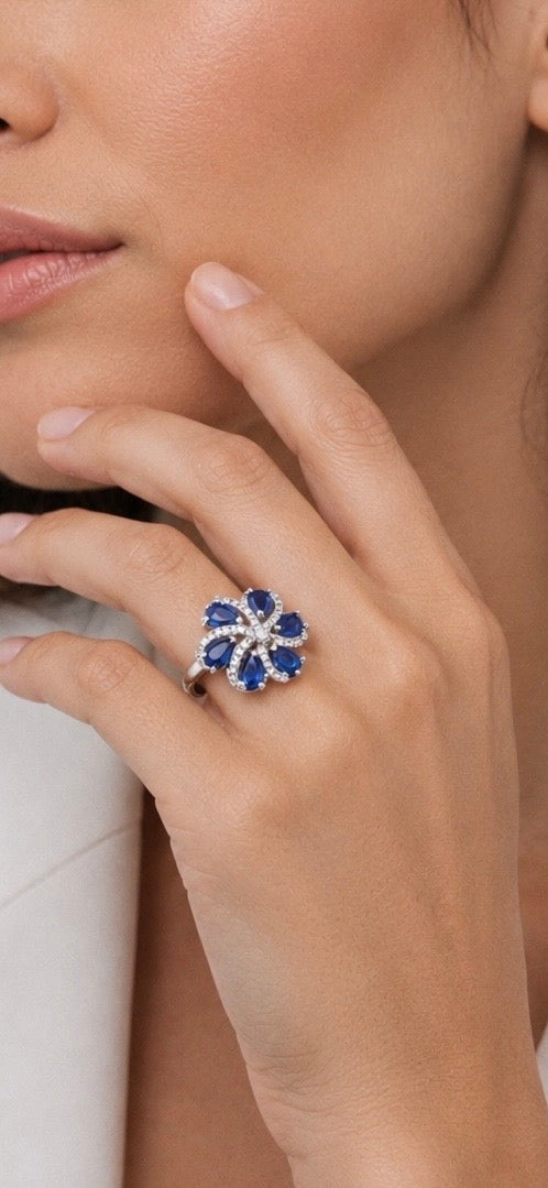 Blue Sapphire Floral Statement Ring – Silver Finish