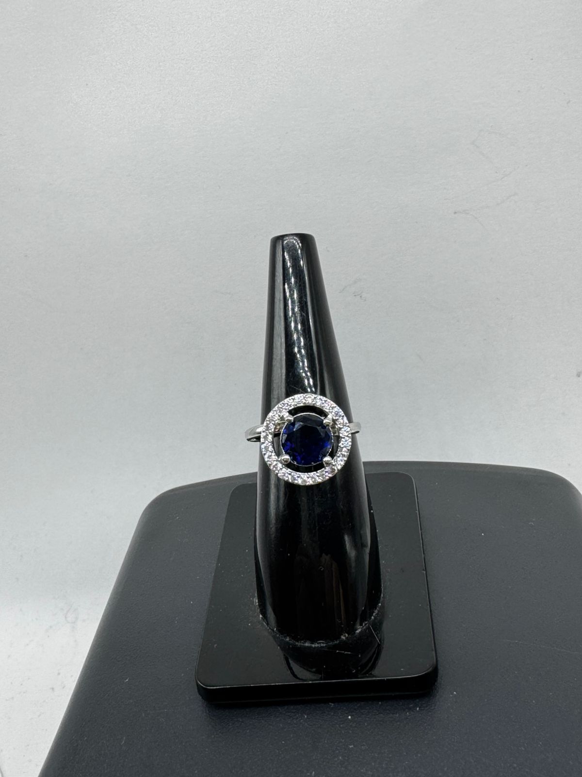 Royal Blue Sapphire Halo Ring – Elegant Silver Statement Ring for Women