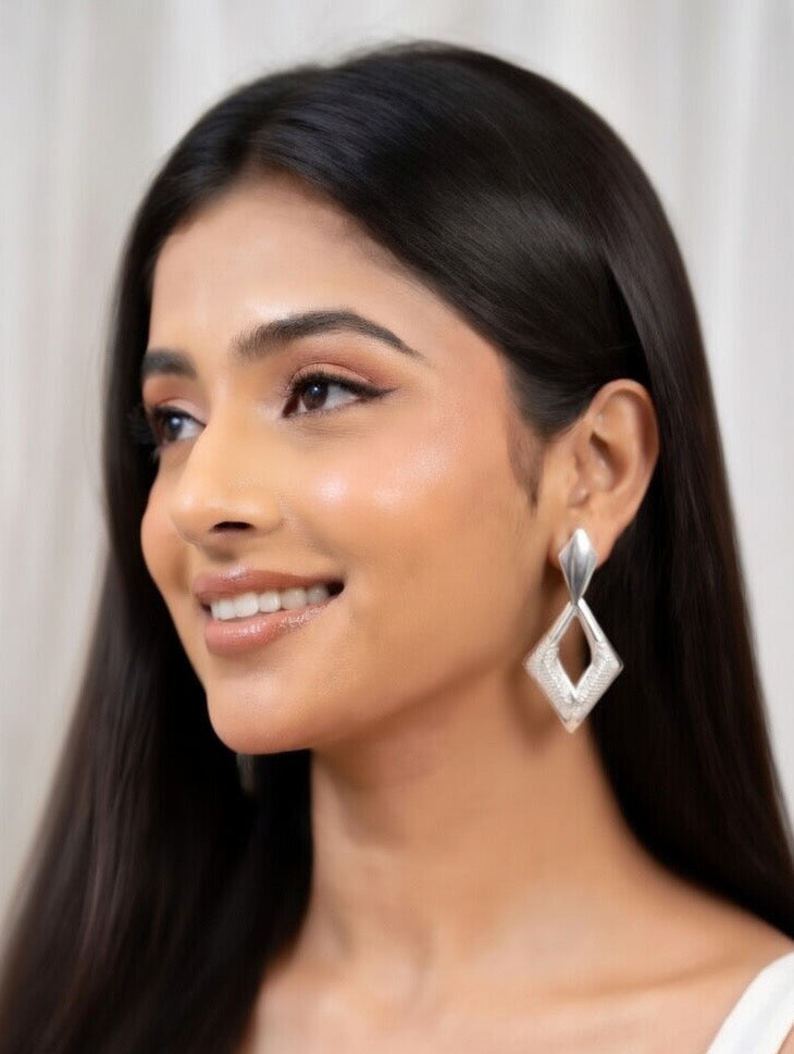 Silver Geometric Diamond Drop Earrings – Modern Statement