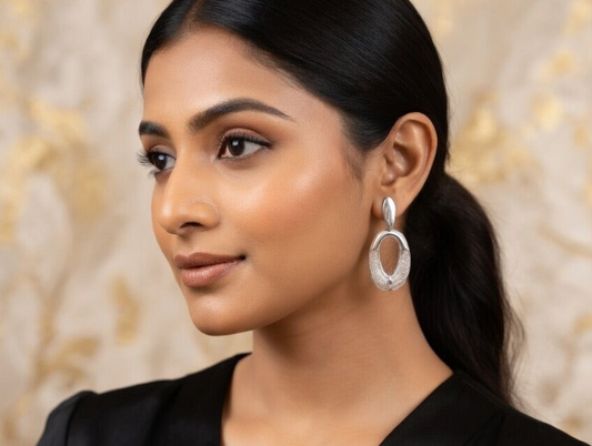 Silver Oval Halo Earrings – Contemporary Elegance