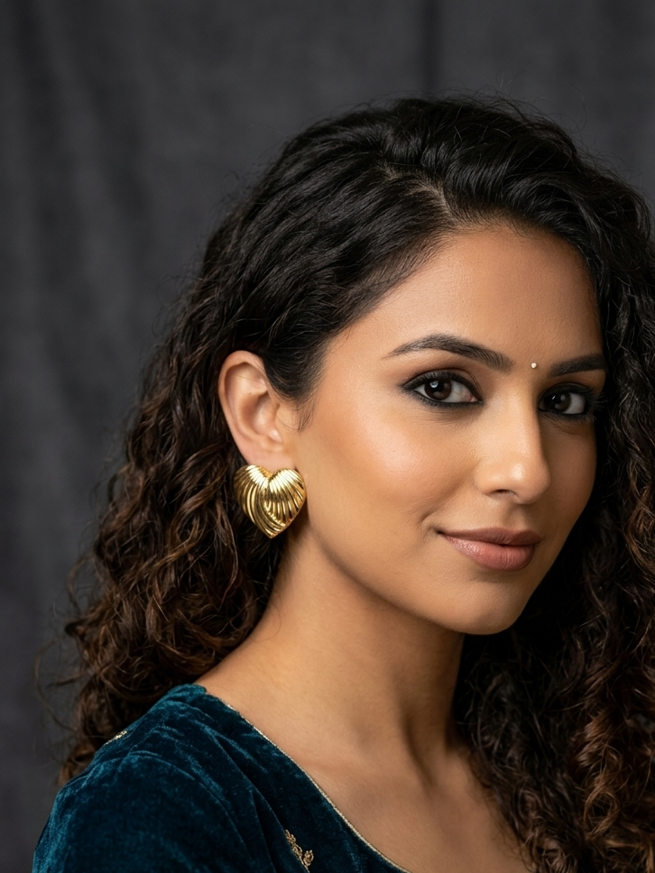 Elegant Textured Heart Gold Stud Earrings