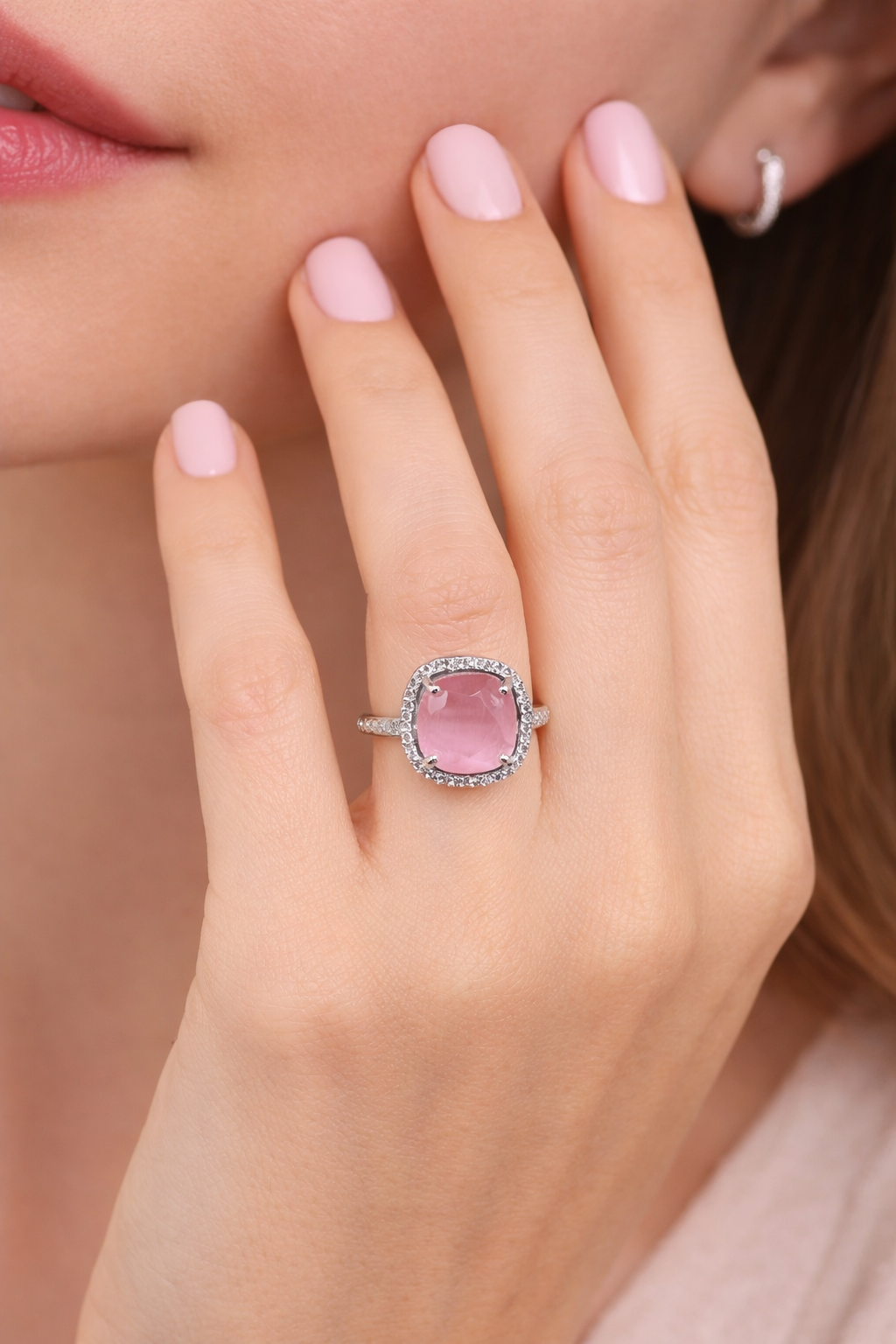 Blush Pink Cushion Cut Halo Ring – Silver Tone Statement Ring