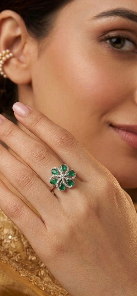Emerald Bloom Floral Statement Ring – Silver Plated Green Stone Cocktail Ring