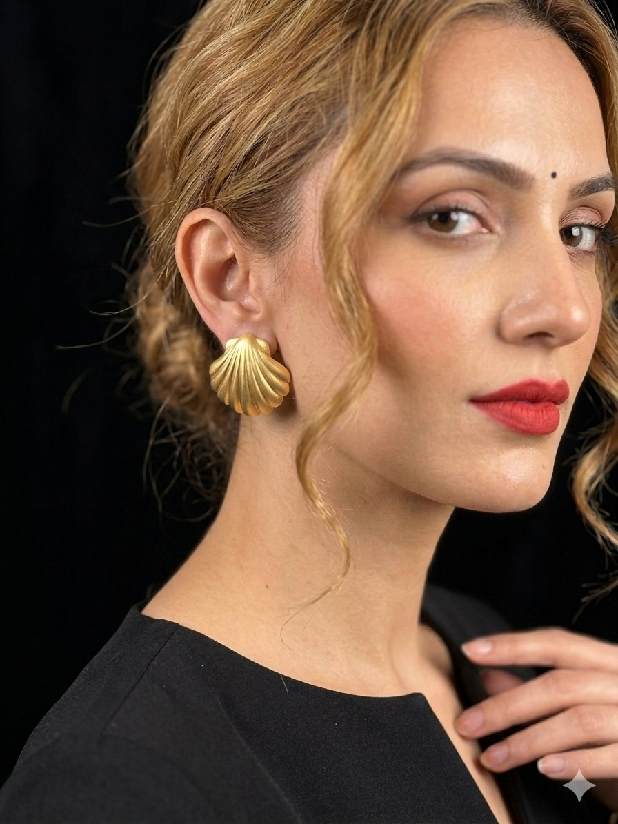 Elegant Shell Design Gold Statement Stud Earrings