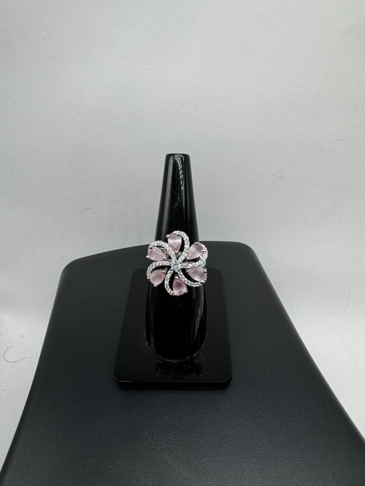 Pink Floral Statement Ring – Silver Tone Blossom Cocktail Ring