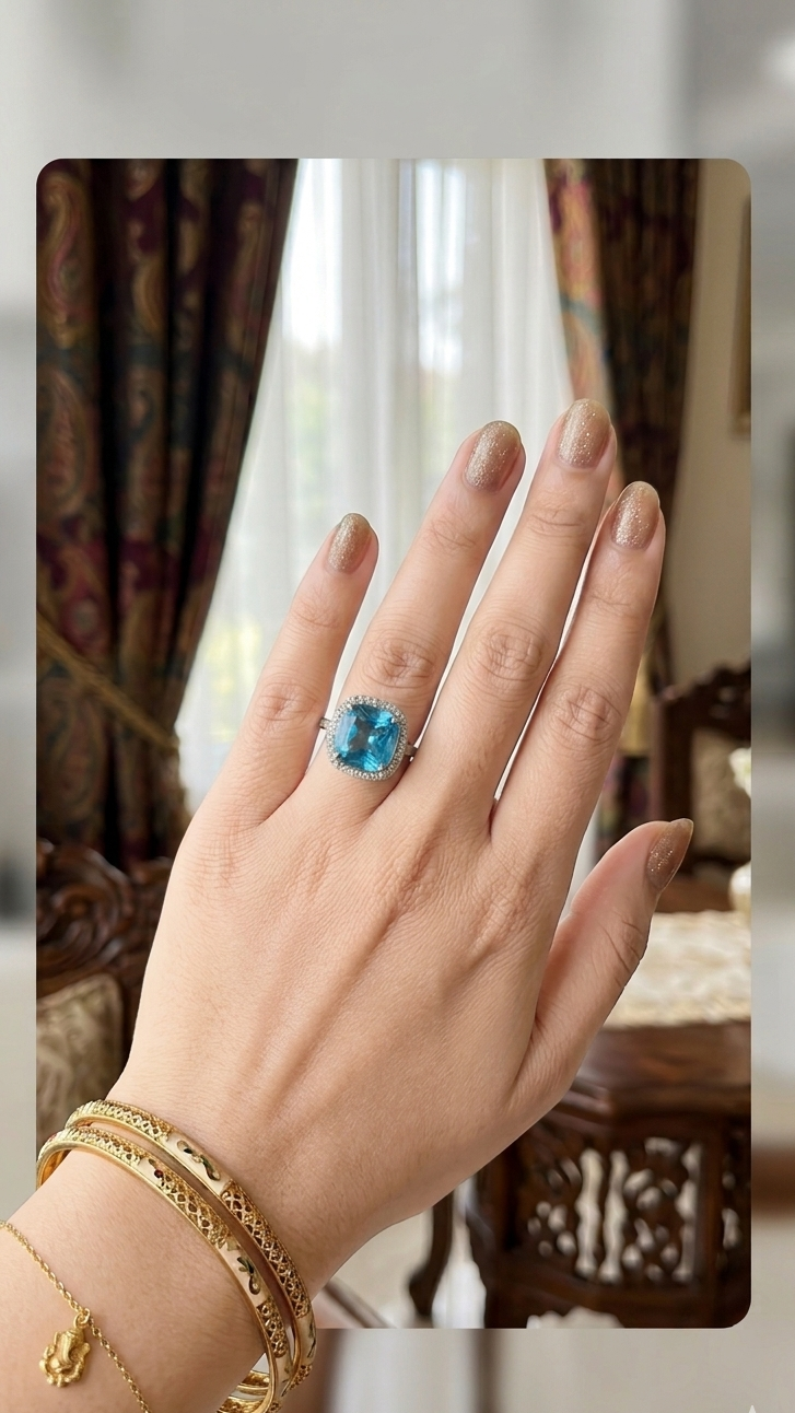Elegant Cushion Cut Blue Stone Ring with Halo Setting