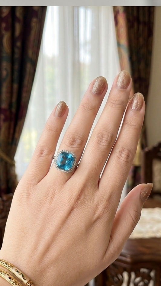 Elegant Cushion Cut Blue Stone Ring with Halo Setting