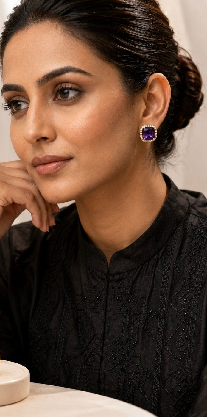 Midnight Amethyst Halo Stud Earrings