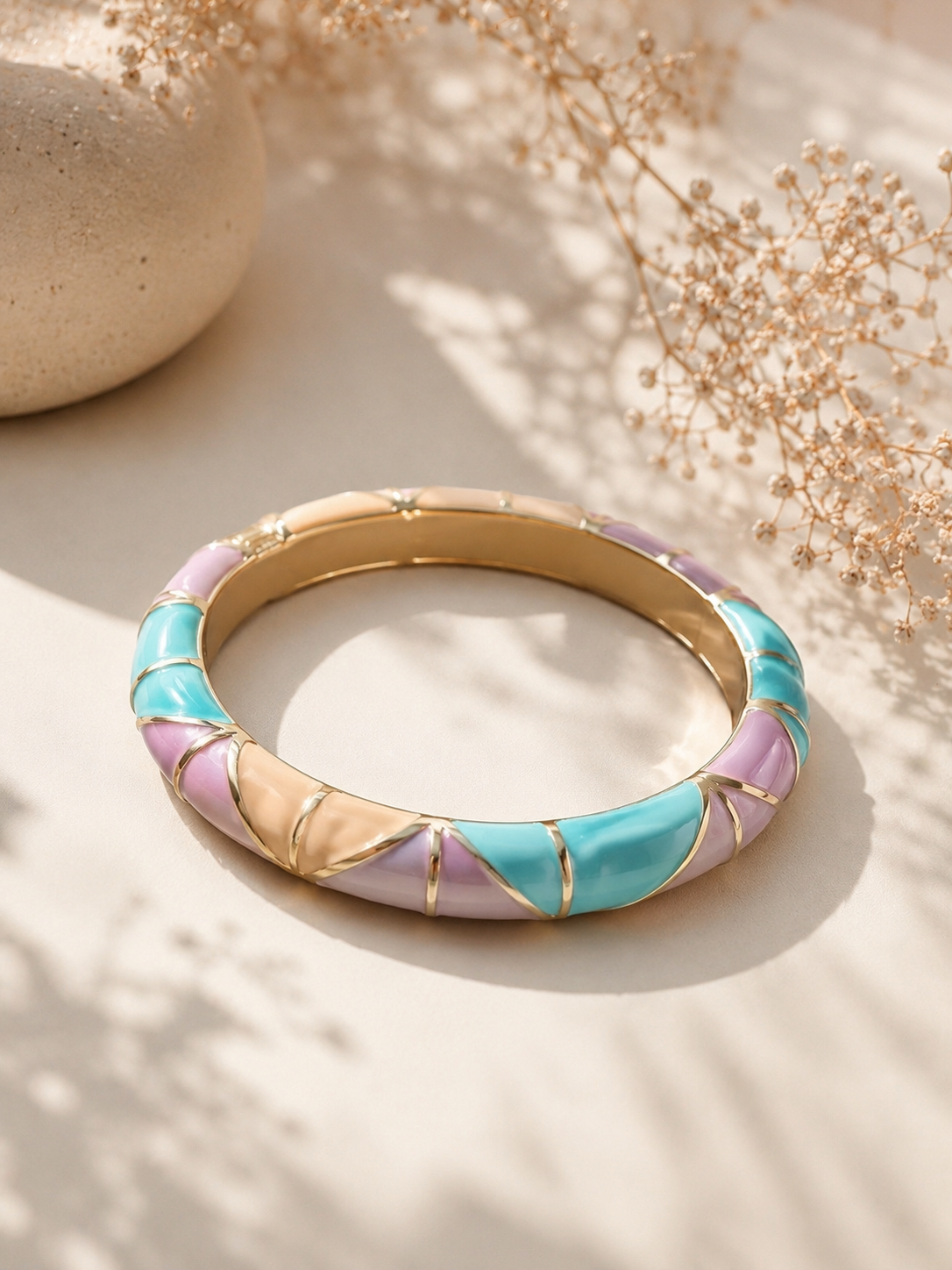 Pastel Geometric Enamel Bangle Bracelet for Women | Gold-Tone Statement Cuff | Elegant Everyday Fashion Jewelry