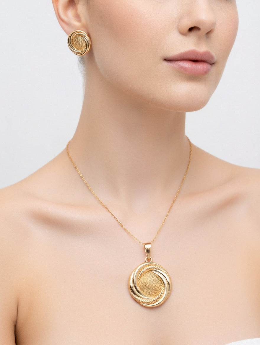 Elegant Textured Gold Pendant & Stud Earrings Set