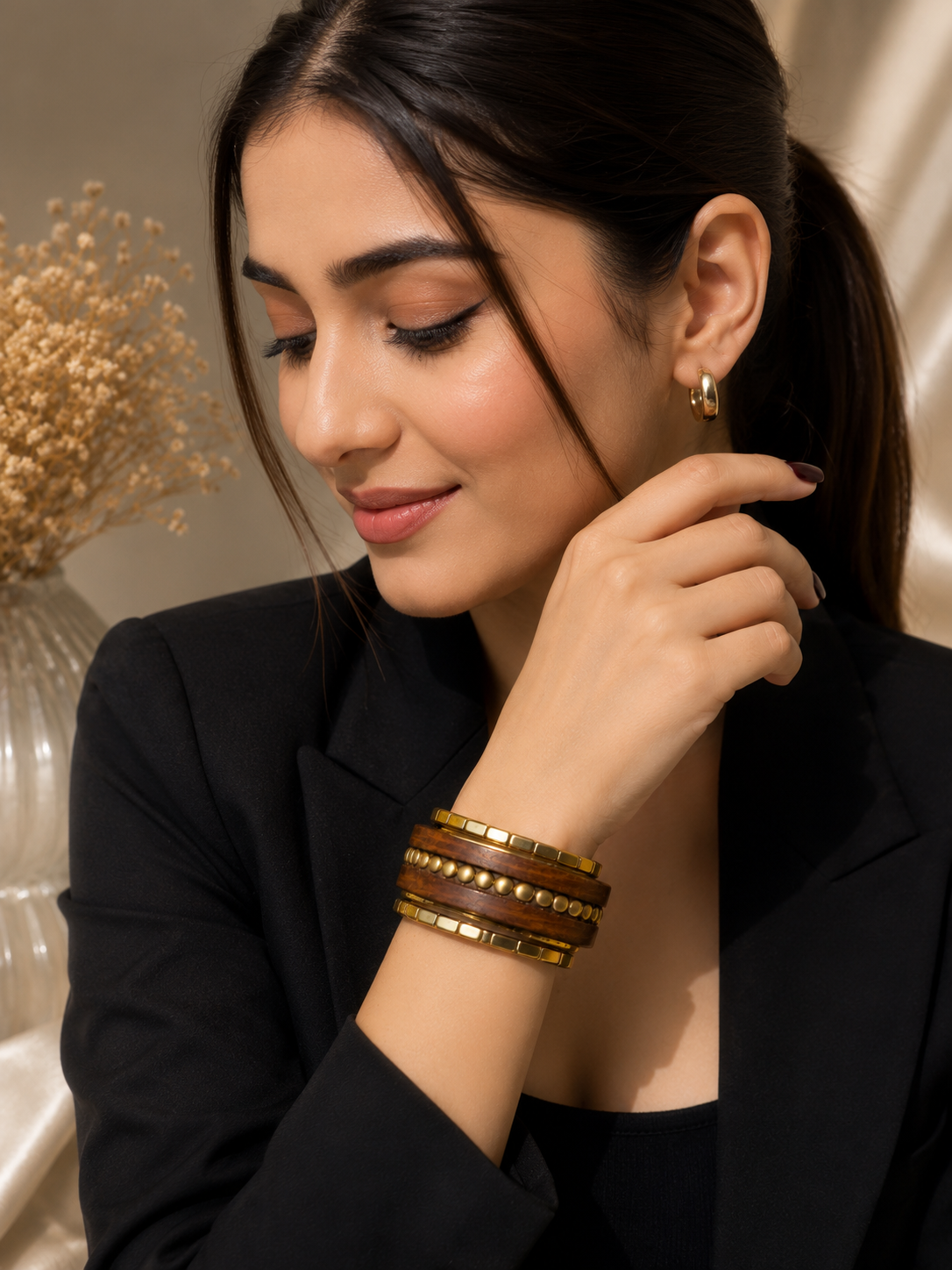Elvion Artisan Wooden & Gold-Tone Kada Set | Boho Luxe Statement Stack Bracelet for Women