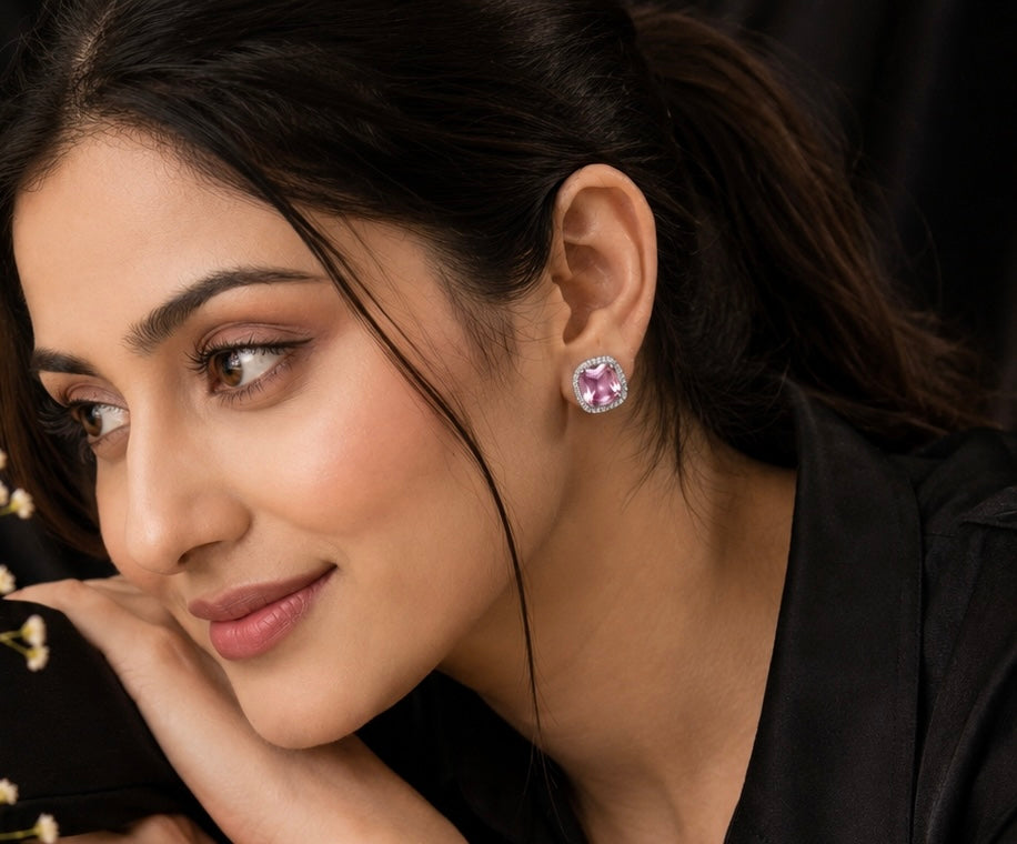 Baby pink Sparkle Cushion-Cut Stud Earrings ✨