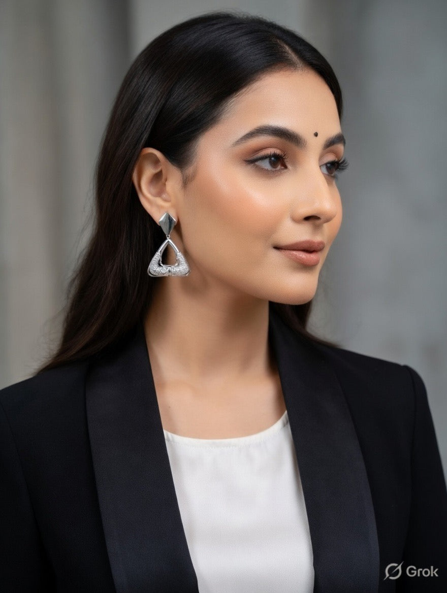 Silver Geometric Triangle Drop Earrings – Contemporary Statement