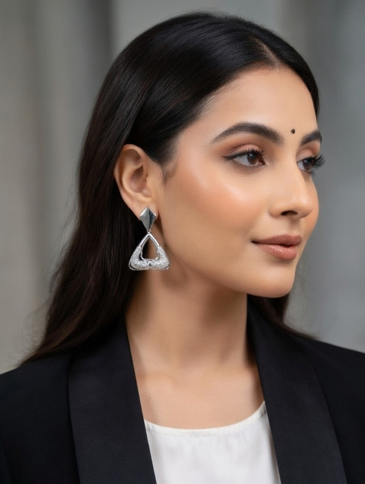 Silver Geometric Triangle Drop Earrings – Contemporary Statement