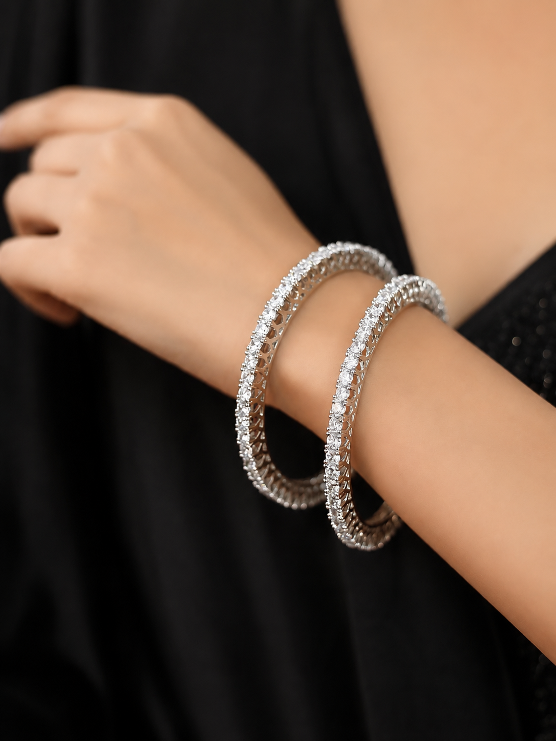 Silver Sparkle CZ Bangles Set | Premium Rhodium-Plated Crystal Bangles for Women