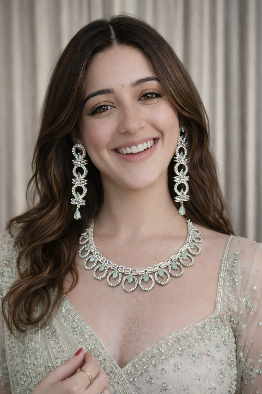 Mint Elegance Diamond-Style Necklace & Long Earrings Set
