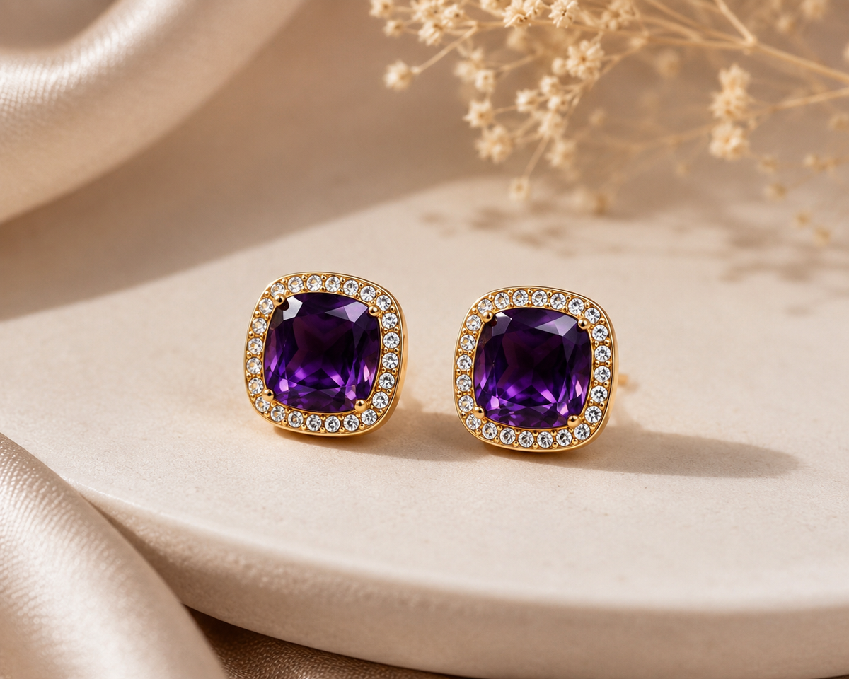 Midnight Amethyst Halo Stud Earrings