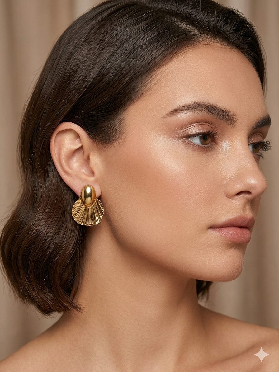 Elegant Textured Gold Fan Drop Earrings