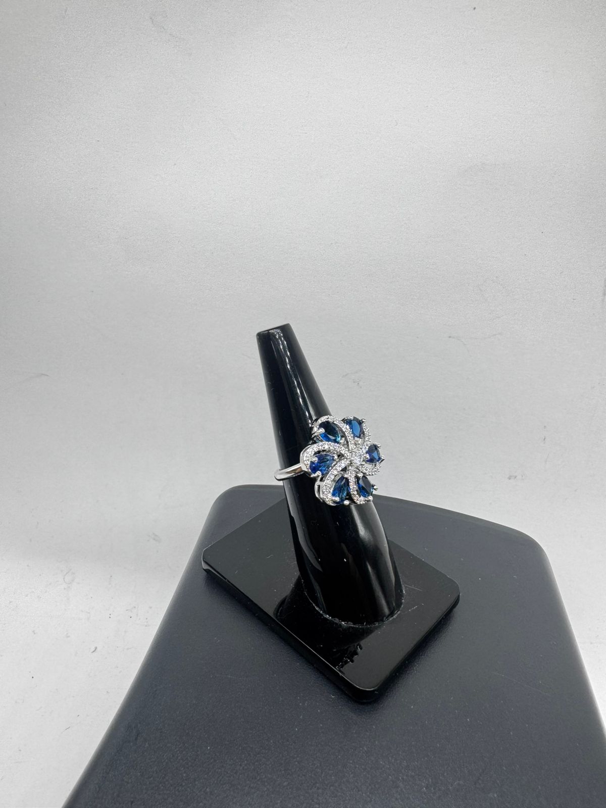 Blue Sapphire Floral Statement Ring – Silver Finish