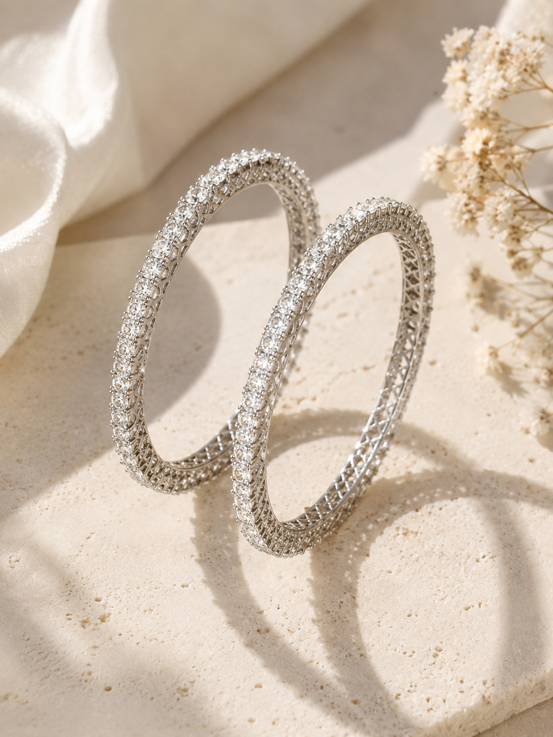 Silver Sparkle CZ Bangles Set | Premium Rhodium-Plated Crystal Bangles for Women