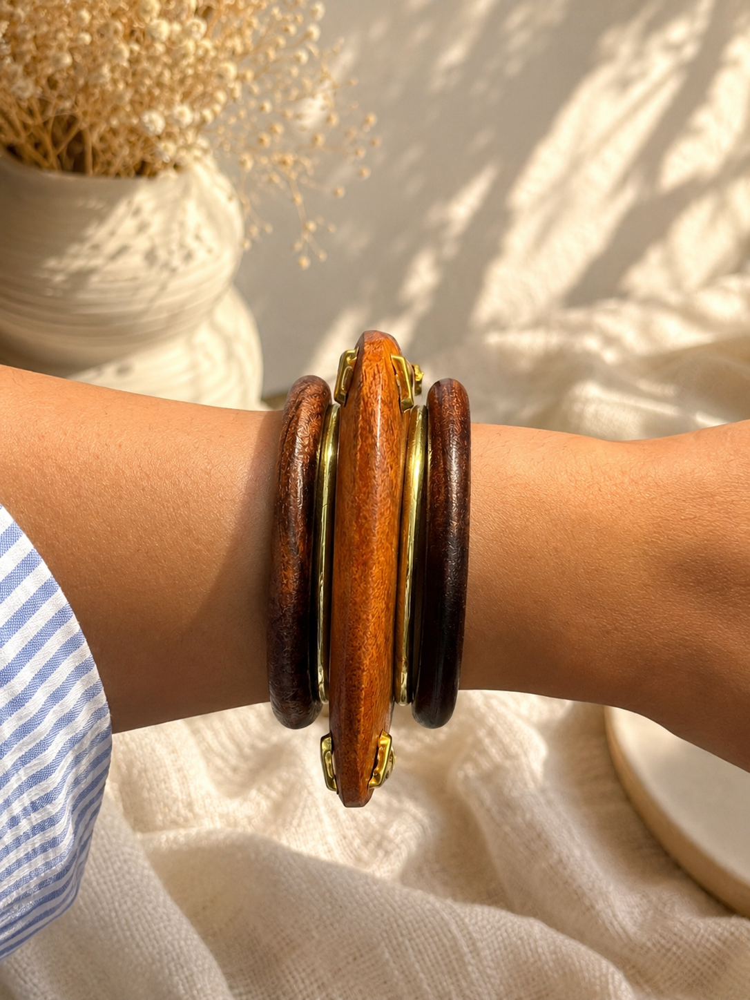 Boho Luxe Wooden & Gold Bangle Stack for Women | Lightweight Statement Bracelet Set | Chic Everyday Fashion Accessory