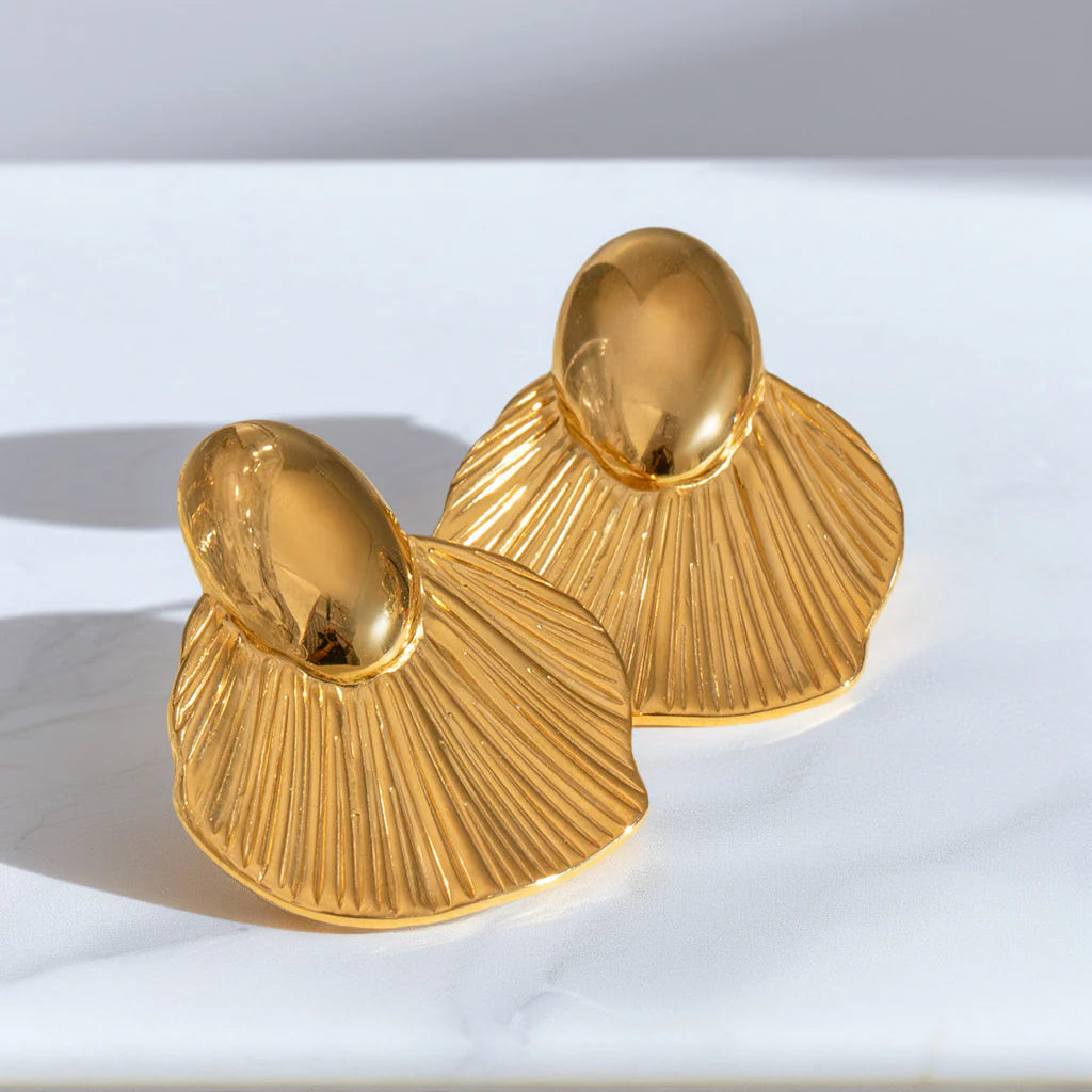 Elegant Textured Gold Fan Drop Earrings
