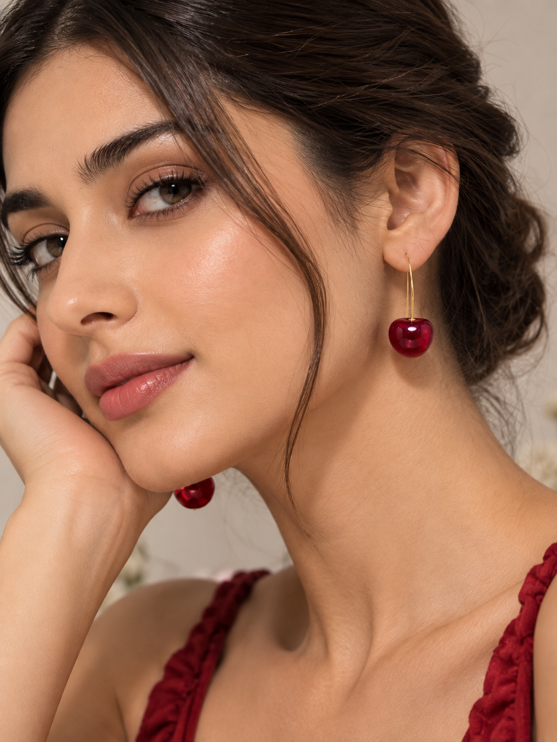 Cherry Drop Earrings – Glossy Red Gold-Tone Statement Earrings
