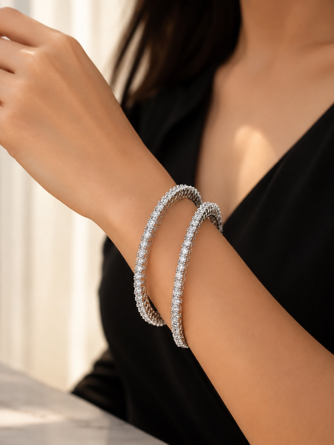 Silver Sparkle CZ Bangles Set | Premium Rhodium-Plated Crystal Bangles for Women