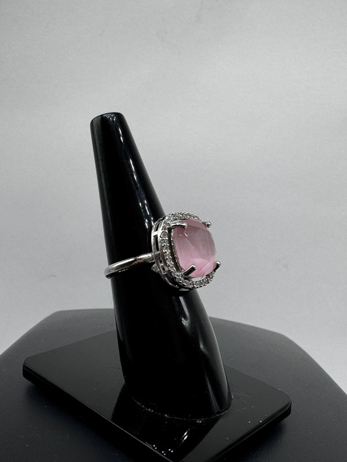 Blush Pink Cushion Cut Halo Ring – Silver Tone Statement Ring