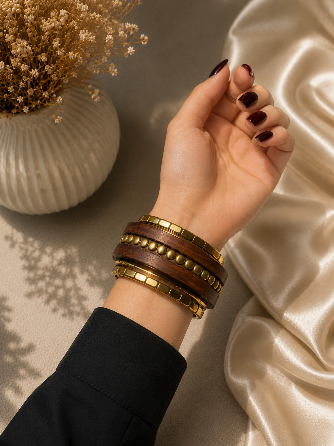 Elvion Artisan Wooden & Gold-Tone Kada Set | Boho Luxe Statement Stack Bracelet for Women