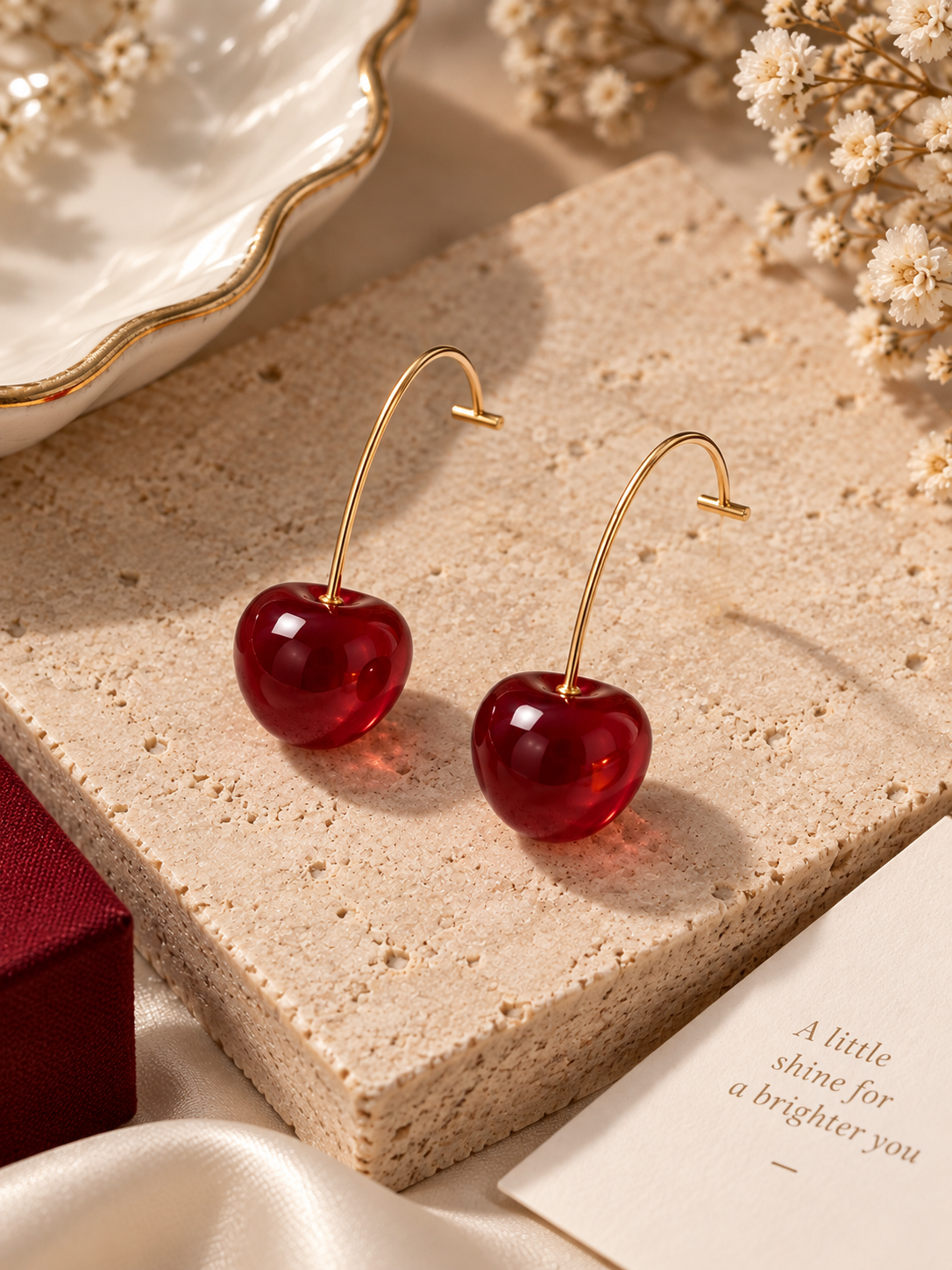 Cherry Drop Earrings – Glossy Red Gold-Tone Statement Earrings