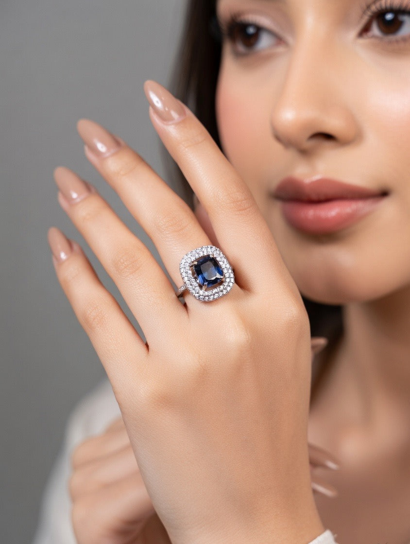 Royal Sapphire Halo Statement Ring