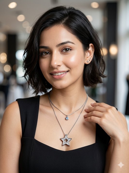 Silver Layered Star Pendant Necklace – Elegant Sparkle Duo