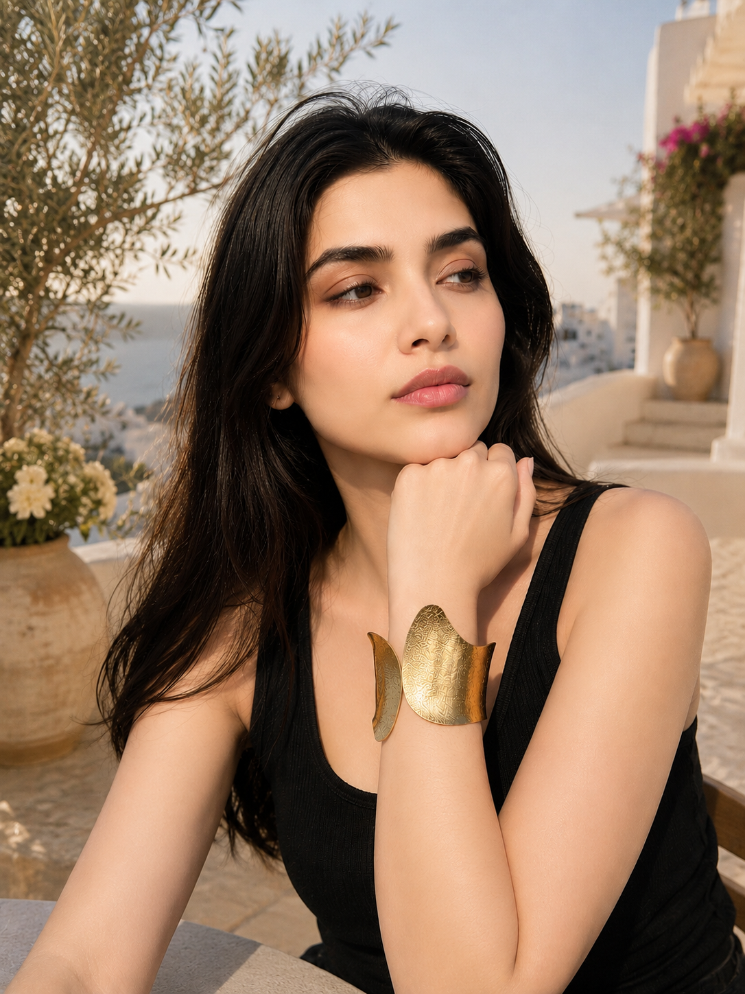 Hammered Gold Statement Cuff Bracelet – Abstract Open Wide Bangle for Women