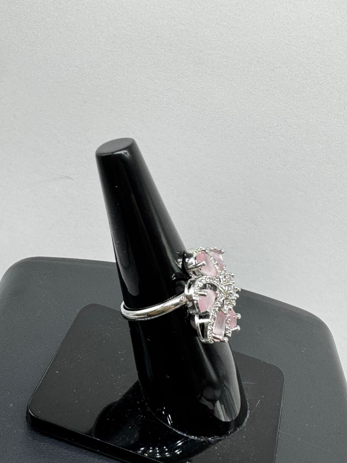 Pink Floral Statement Ring – Silver Tone Blossom Cocktail Ring