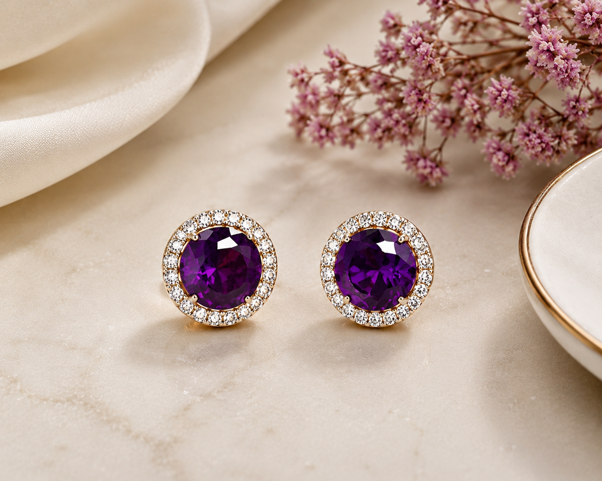 Royal Amethyst Halo Stud Earrings