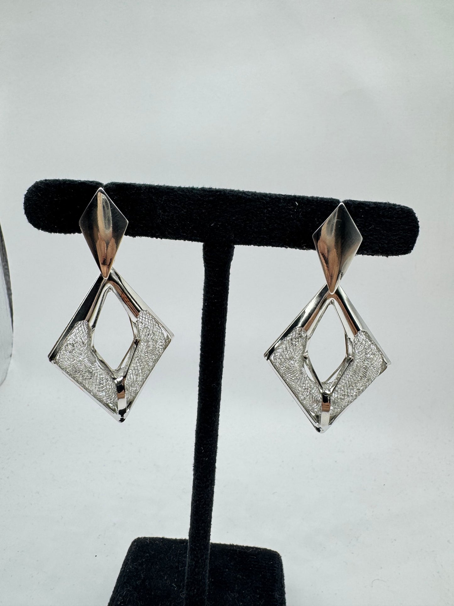 Silver Geometric Diamond Drop Earrings – Modern Statement