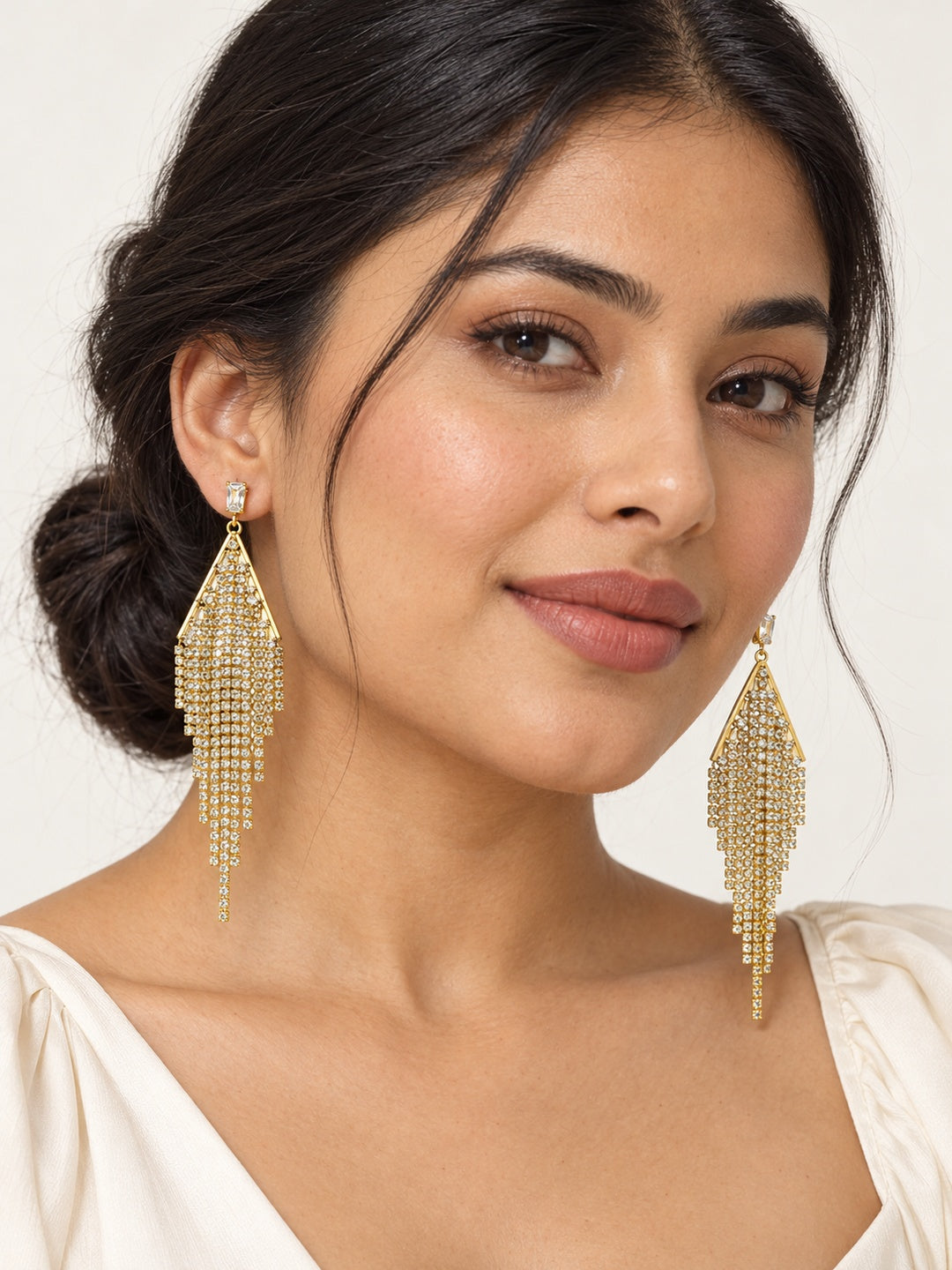 ELVION Gold-Tone Triangle Fringe Earrings — Model wearing product