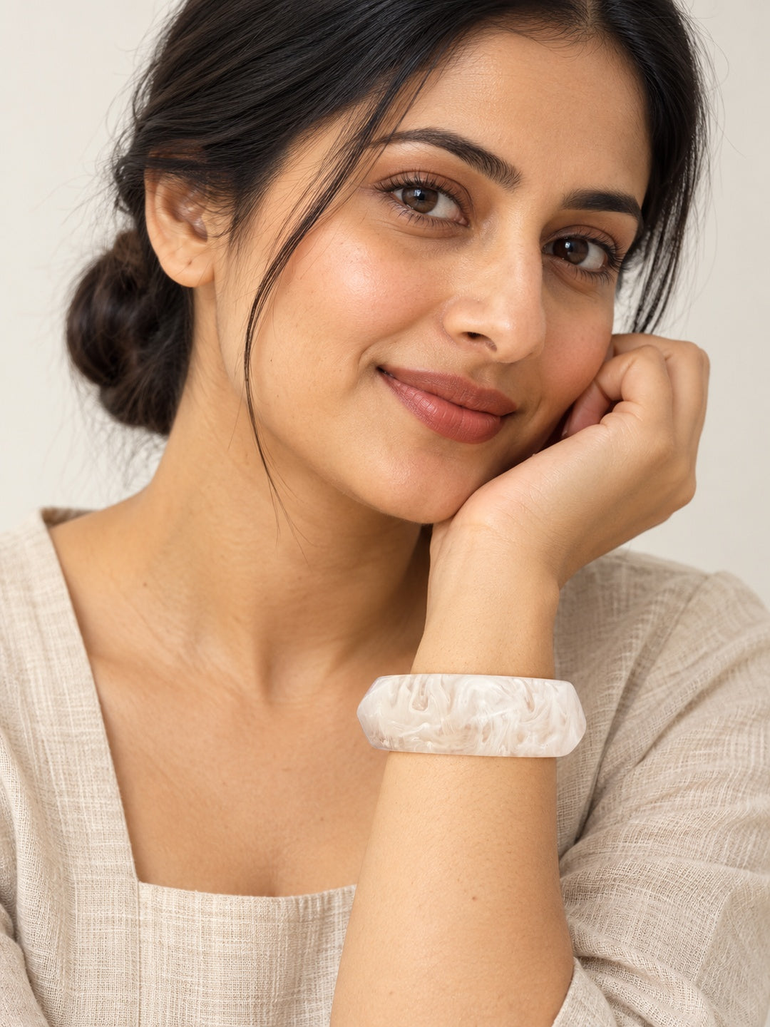 ELVION White Marbled Bangle — Model wearing product