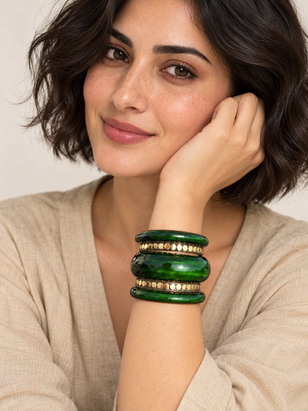 ELVION Green Studded Bangle Set — Model wearing product