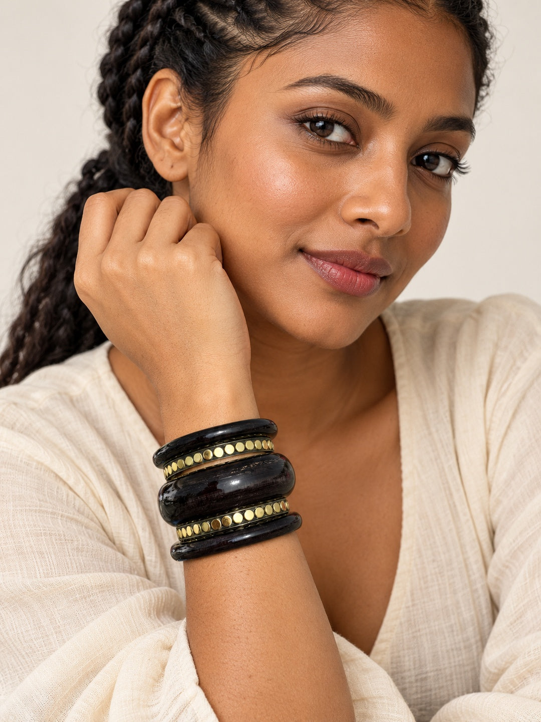ELVION Black Studded Bangle Set — Model wearing product