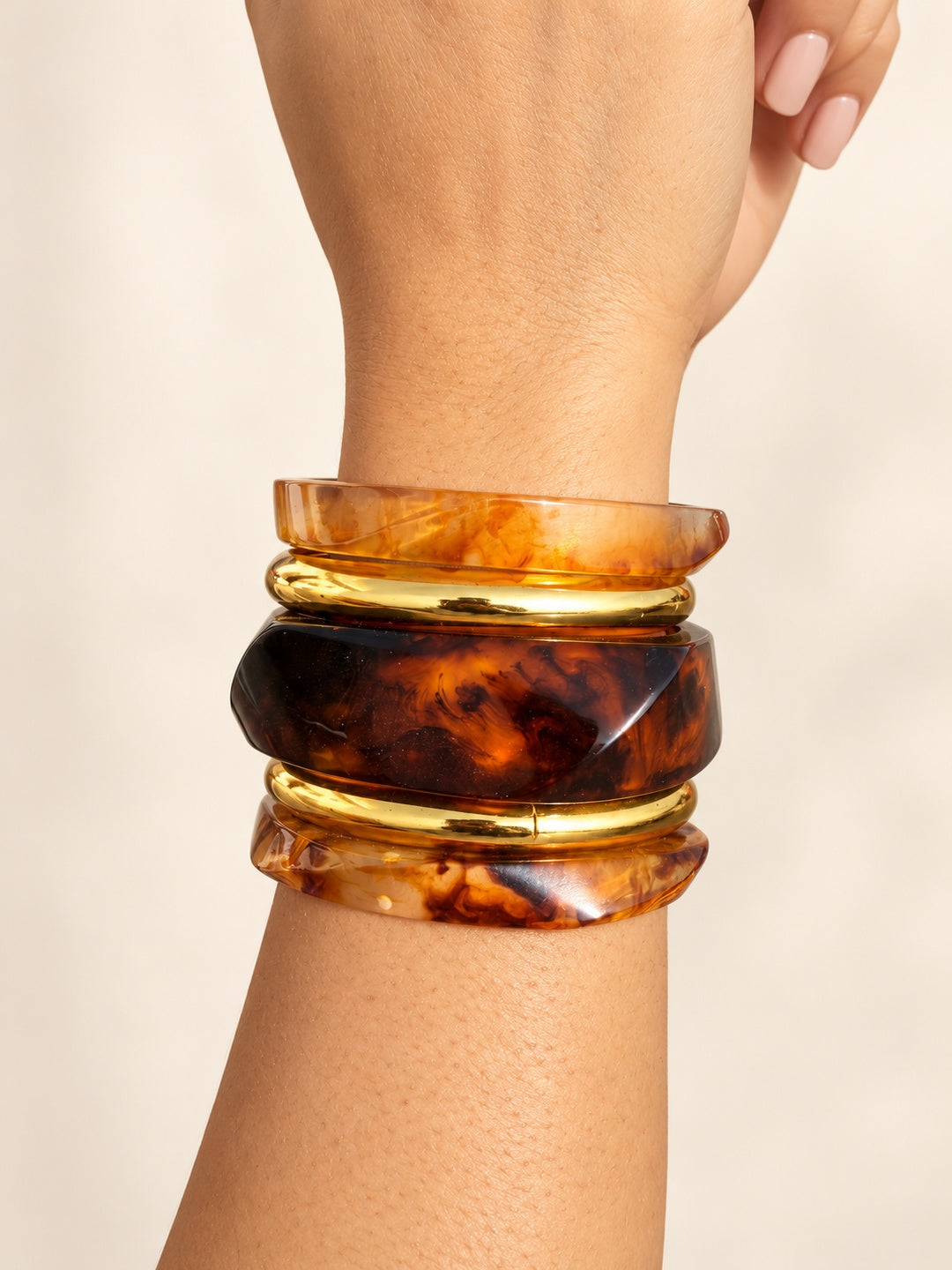 ELVION Brown Gold-Tone Bangle Set — Close-up detail