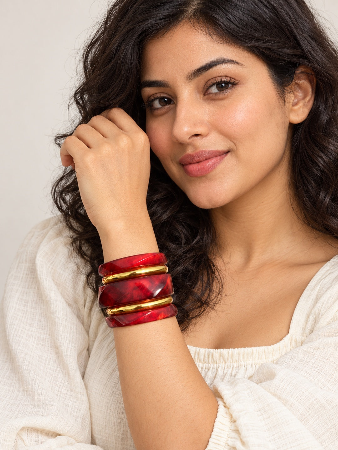 ELVION Red Gold-Tone Bangle Set — Model wearing product