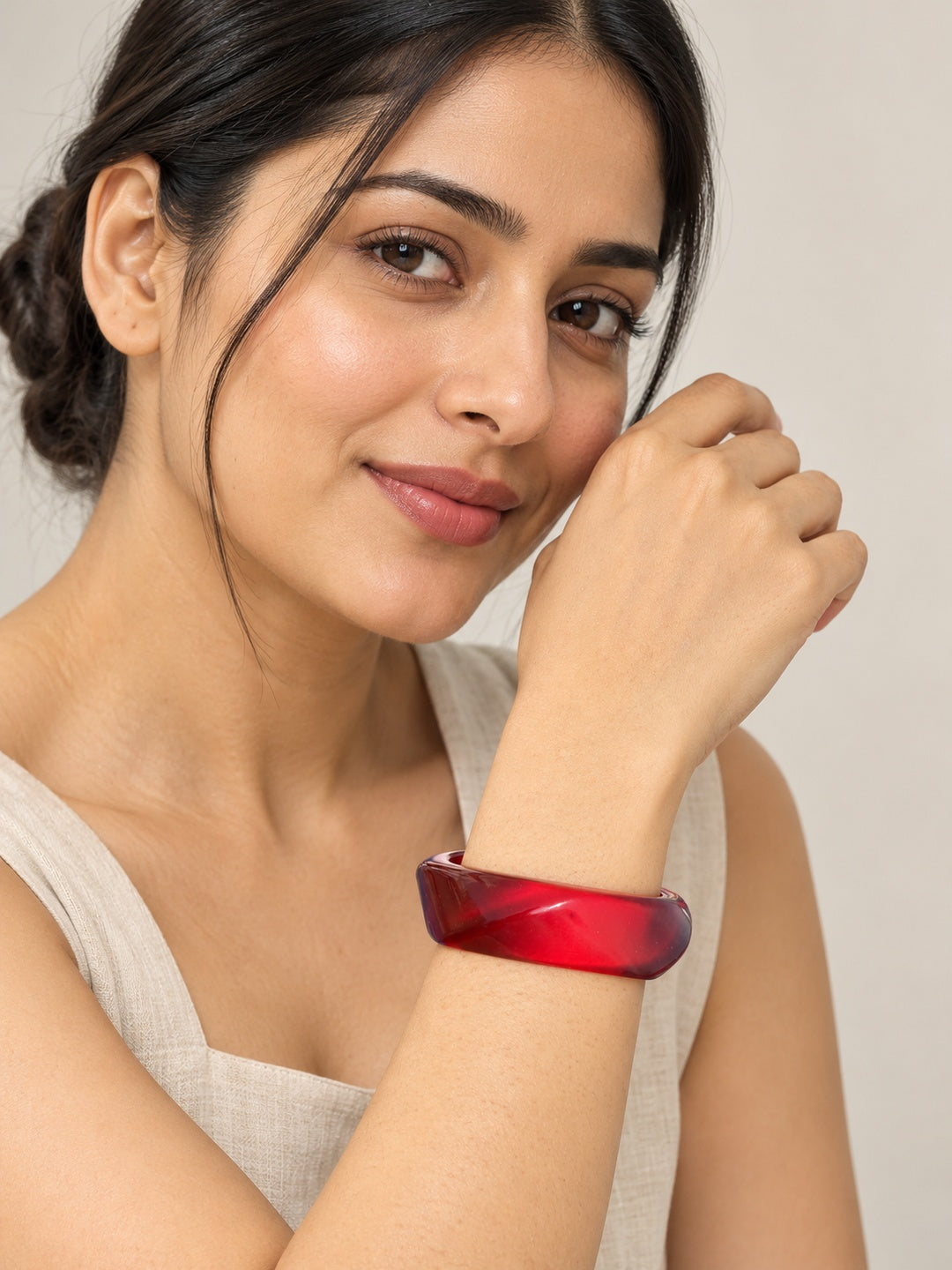ELVION Red Faceted Bangle — Model wearing product
