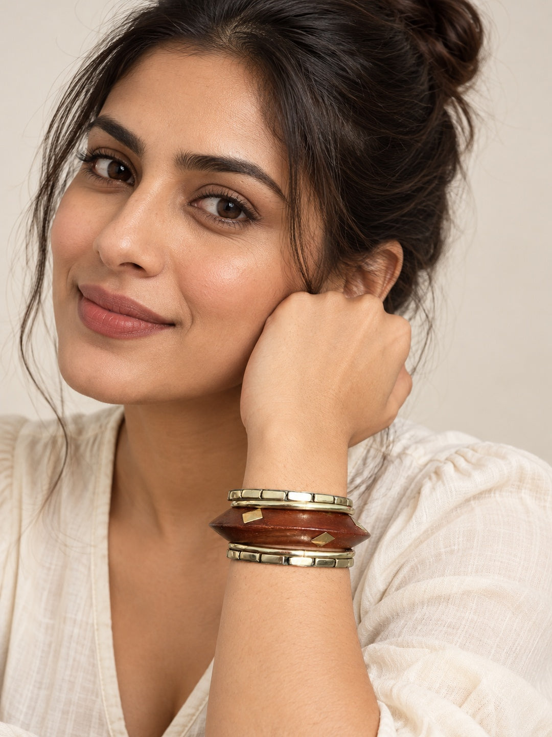 ELVION Brown Geometric Bangle Set — Model wearing product