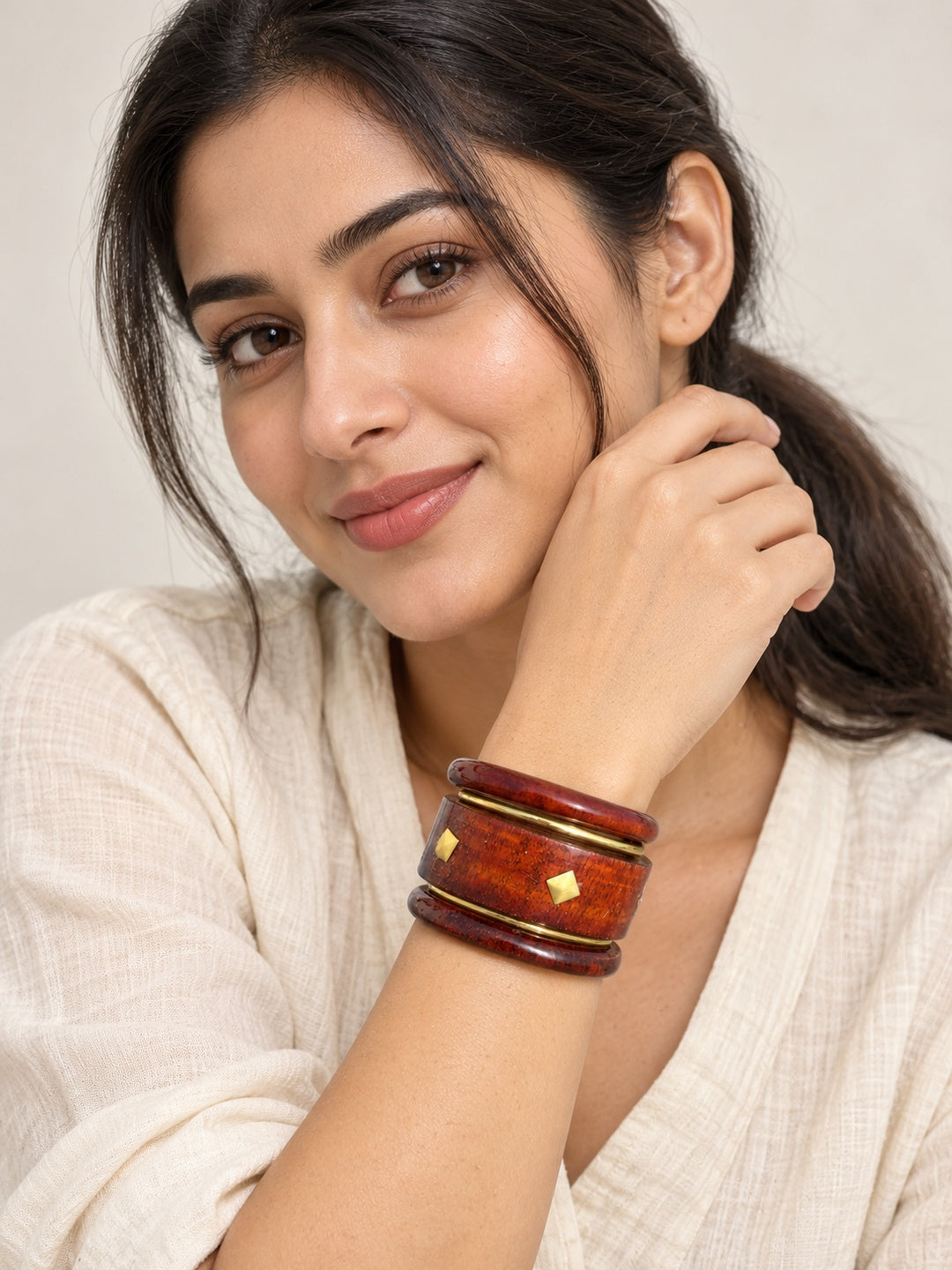 ELVION Brown Diamond Bangle Set — Model wearing product