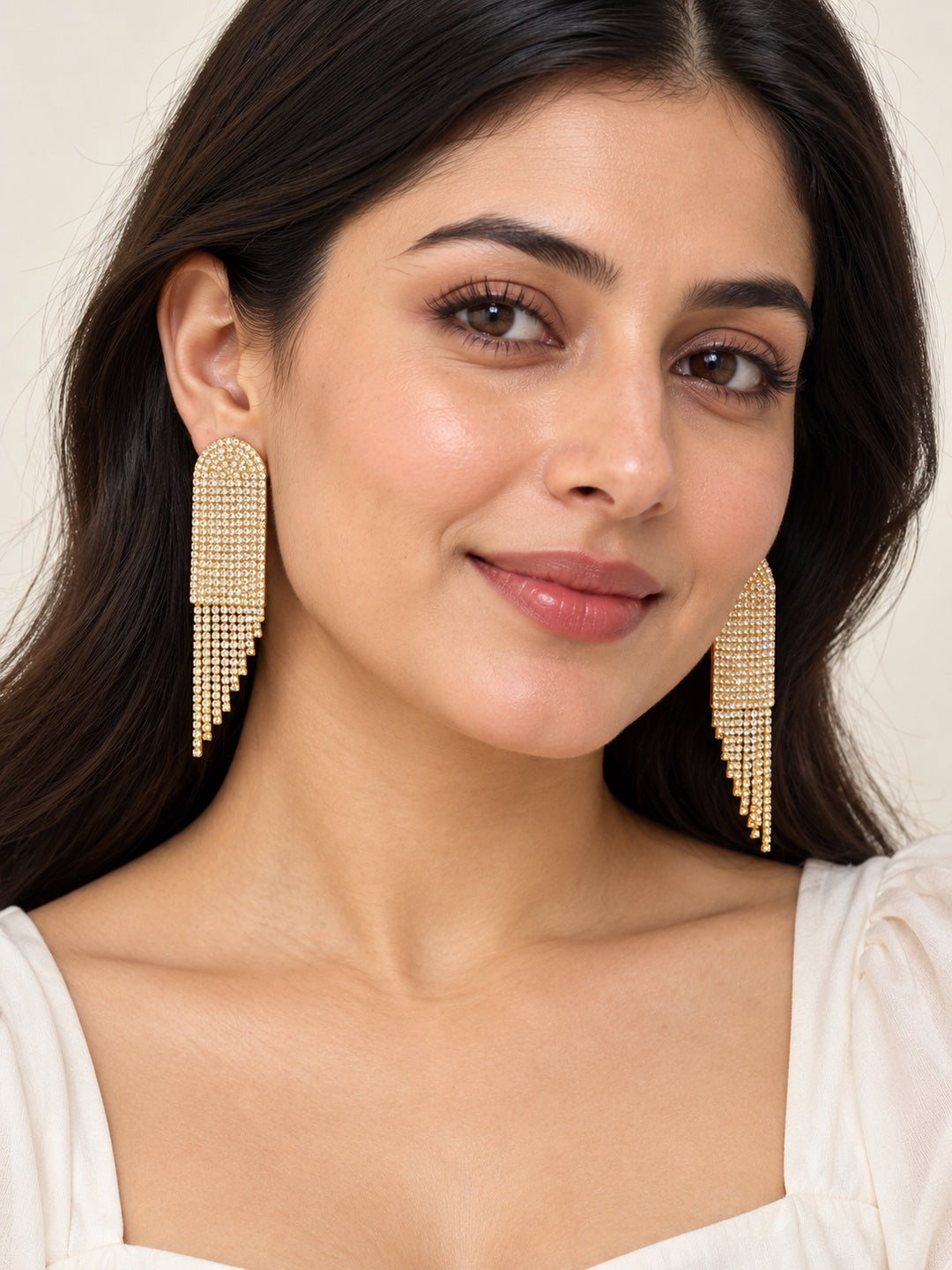 ELVION Gold Arched Fringe Earrings — Model wearing product