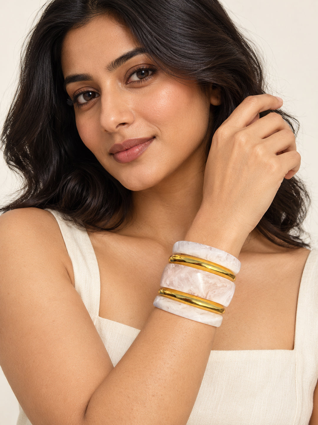 ELVION White Gold-Tone Bangle Set — Model wearing product