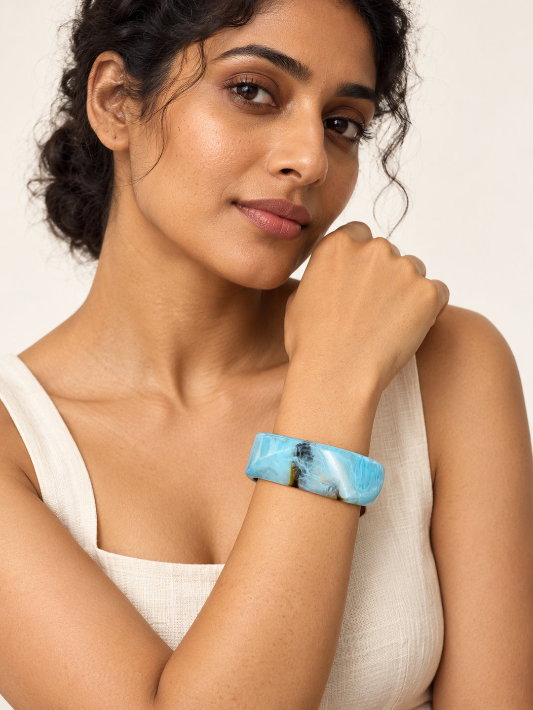 ELVION Blue Amber Marbled Bangle — Model wearing product